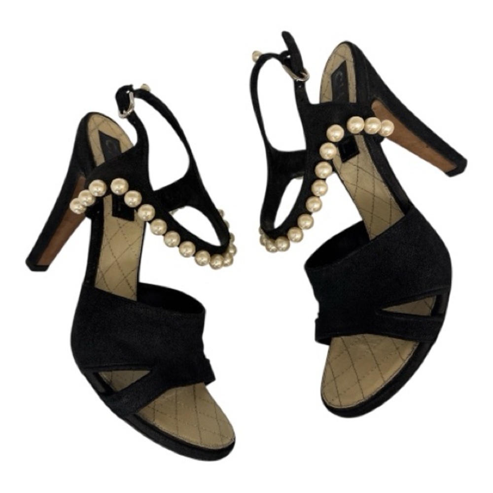 CHANEL‎ Black Satin Pearl Embellished Sandal Heels Women’s Size 40 Elegant Shoes - Picture 6 of 10